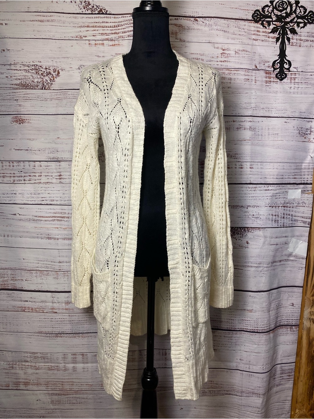 Pink Rose Cream Open-Front Cable Knit Long Cardigan Sz-S